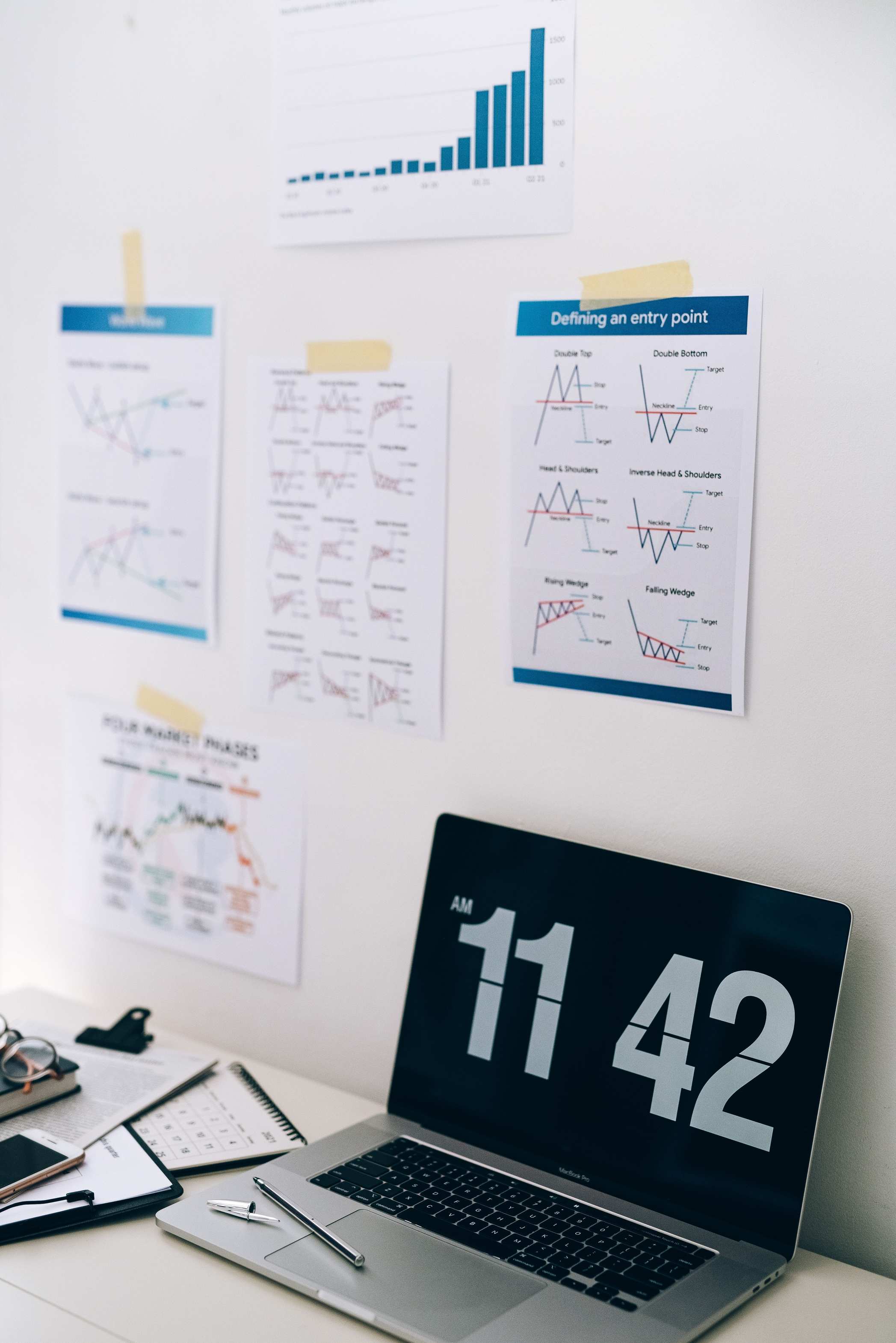 Büroarbeitsplatz mit Finanzcharts an der Wand und einem Laptop